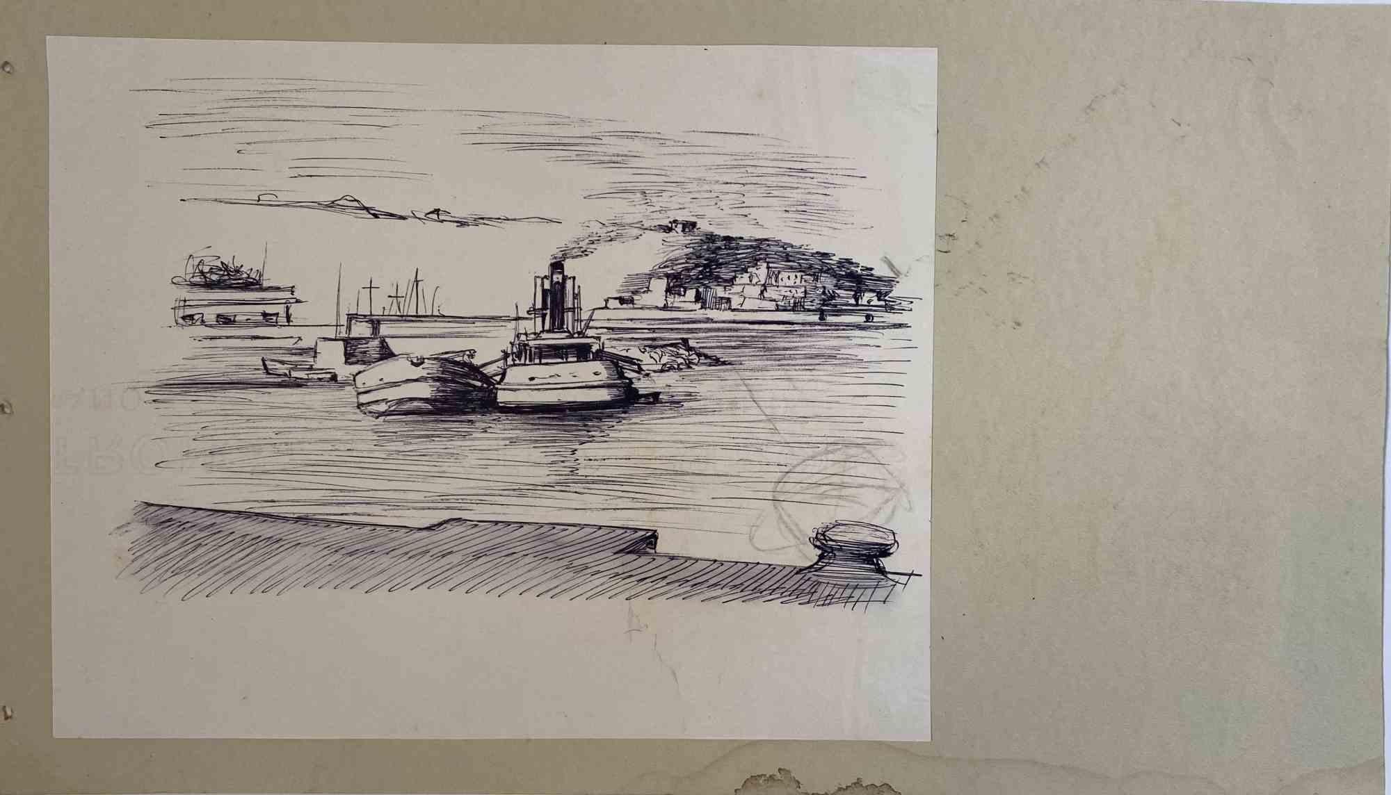 The Port - Original Bleistift- und Bleistiftzeichnung - Mitte des 20. Jahrhunderts