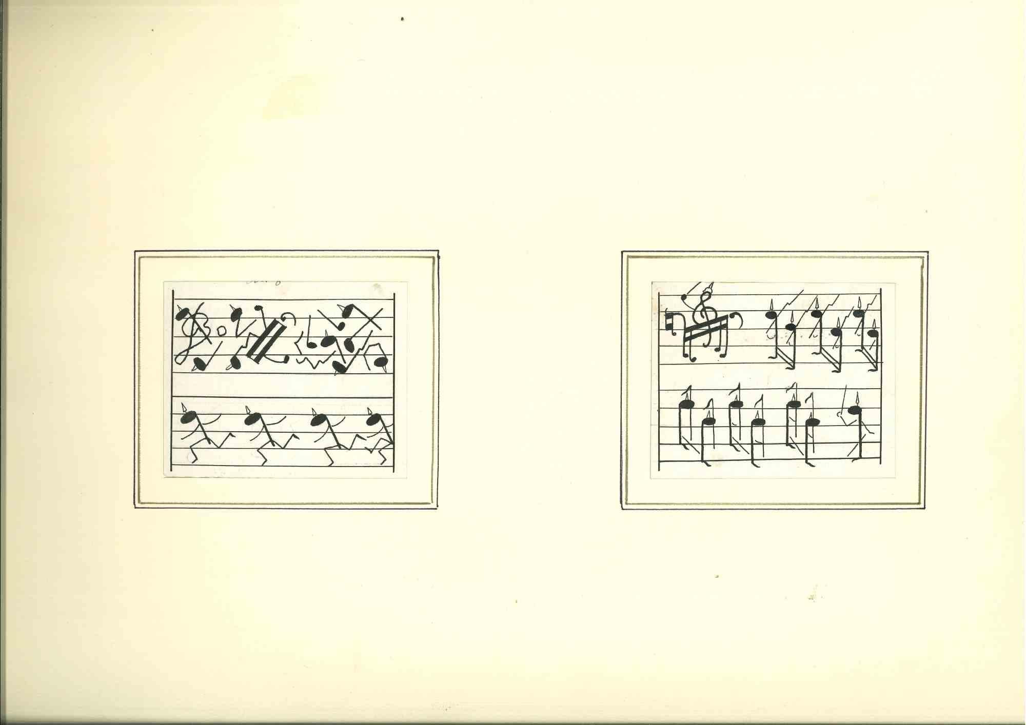 Unknown Figurative Art - Army of Musical Notes - China Ink - Mid 20th Century