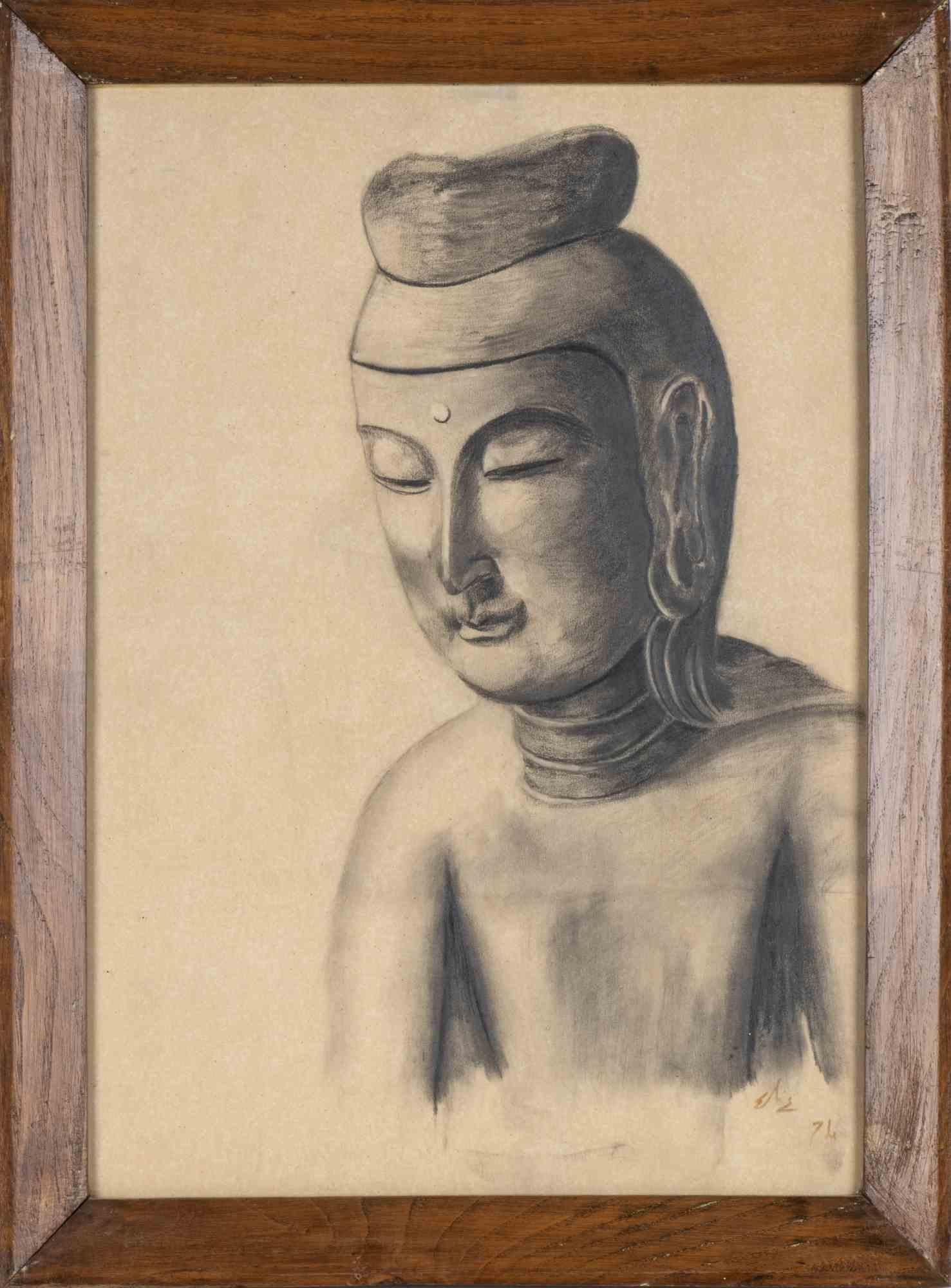 Unknown Figurative Art - Maitreya Buddha - Pencil on Paper - 1974