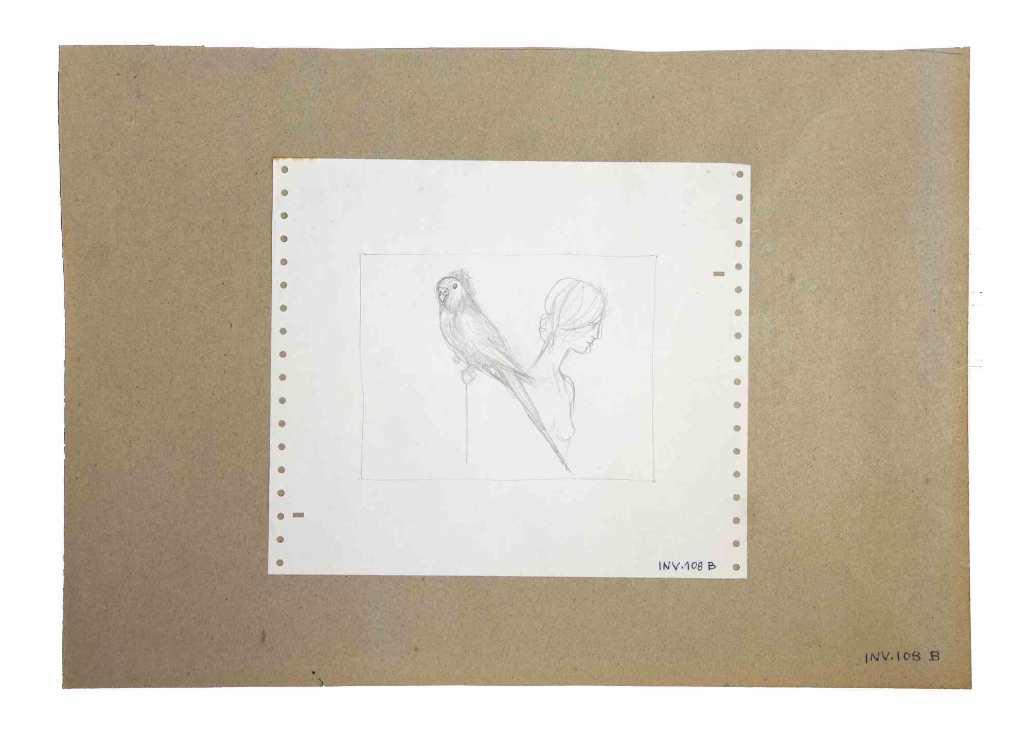 The Nude and Parrot is an original Contemporary artwork realized in the 1970s. by the Italian Contemporary artist  Leo Guida  (1992 - 2017).

Original drawing in pencil on ivory-colored paper, with another drawing on the rear, which represents a