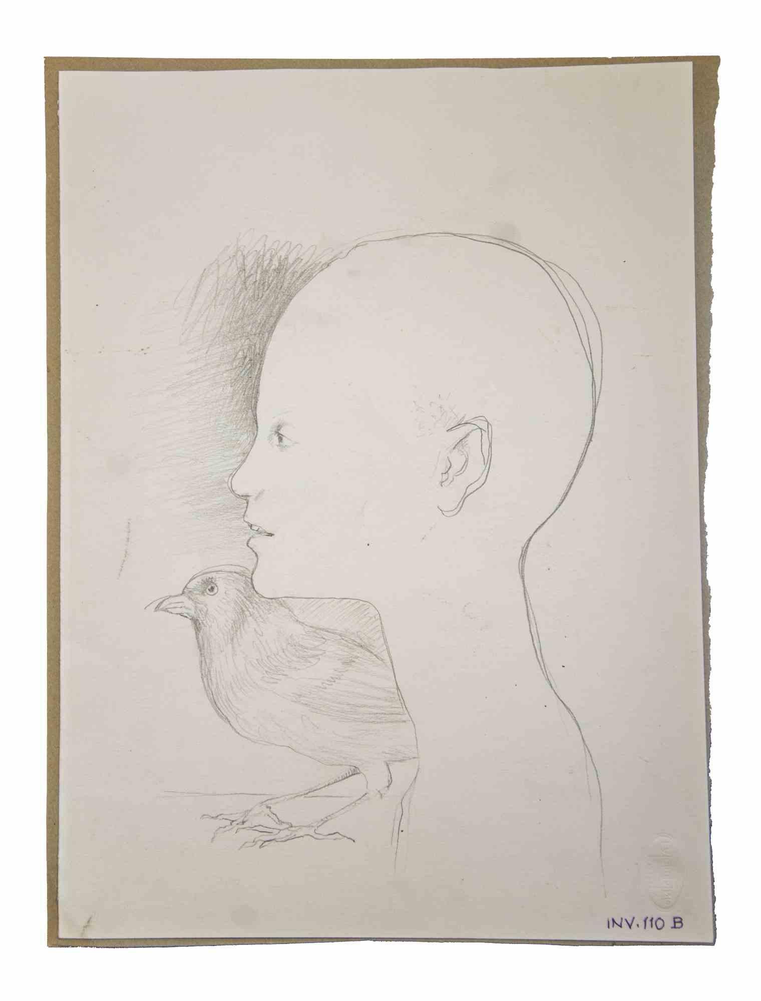 Boy and Bird ist ein originales zeitgenössisches Kunstwerk, das 1970 von dem italienischen zeitgenössischen Künstler  Leo Guida  (1992 - 2017).

Originalzeichnung in Bleistift auf elfenbeinfarbenem Papier, auf Karton geklebt (35 x 26 cm).

Gute