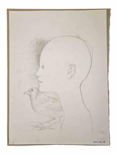 Vintage Boy and Bird - Original Drawing by Leo Guida - 1970 ca.