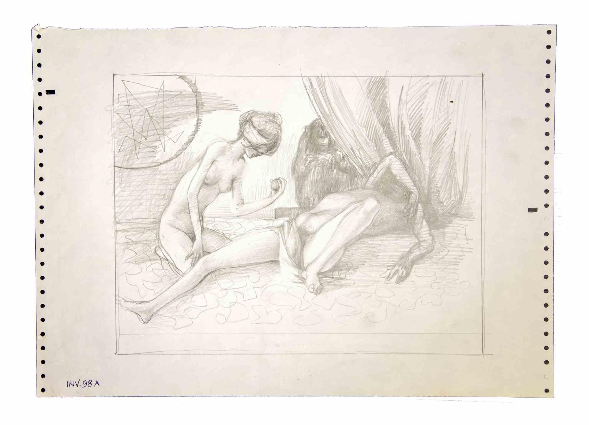 Adam and Eve is an original contemporary artwork realized in the 1970s by the Italian Contemporary artist  Leo Guida  (1992 - 2017).

Original drawings in pencil on paper.

Good conditions but aged.

The artwork is depicted through strong strokes in