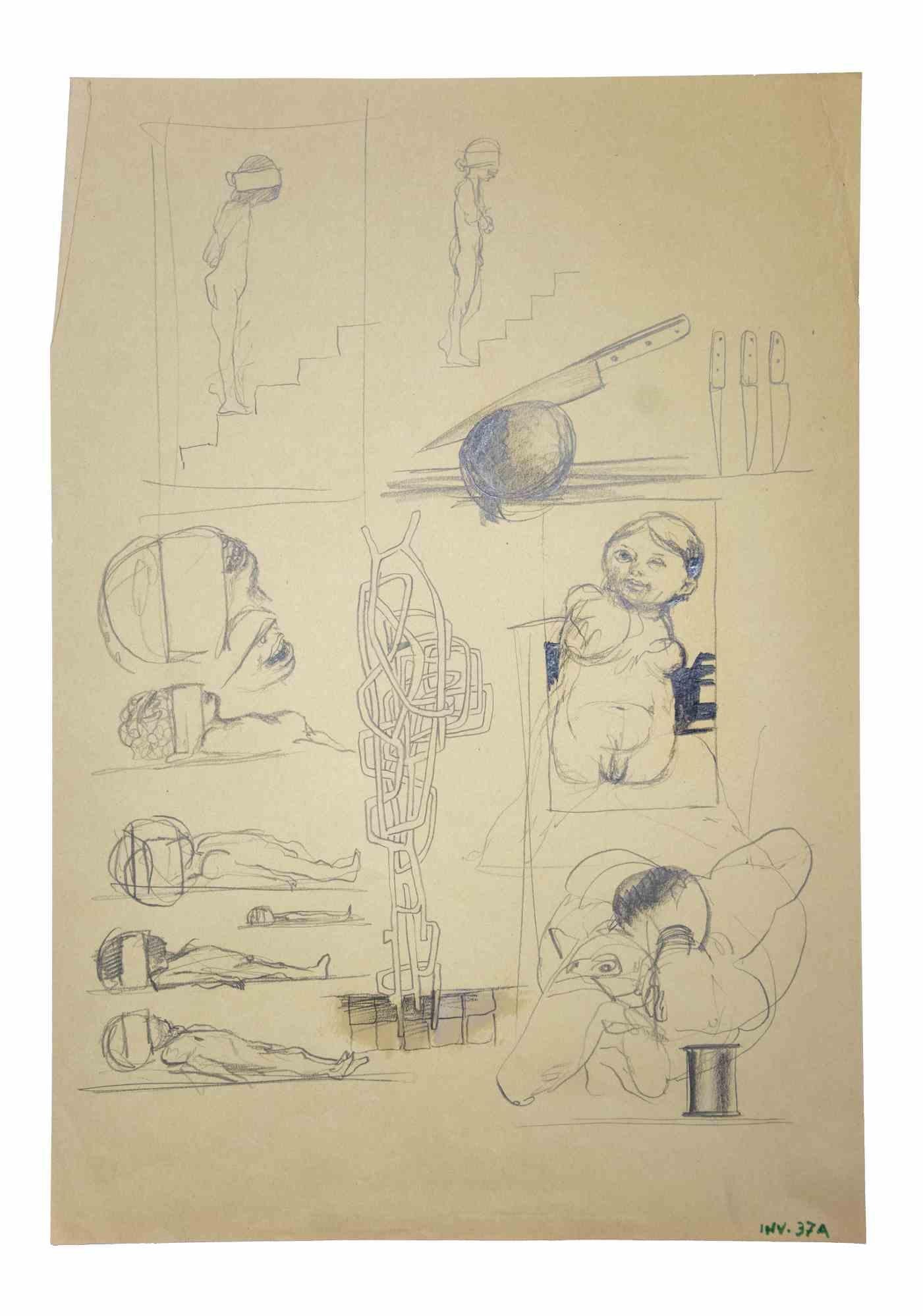 Surreal Scene is an original contemporary artwork realized in the 1970s by the Italian Contemporary artist  Leo Guida  (1992 - 2017).

Original drawings in pencil on paper.

Good conditions but aged.

The artwork is depicted through strong strokes