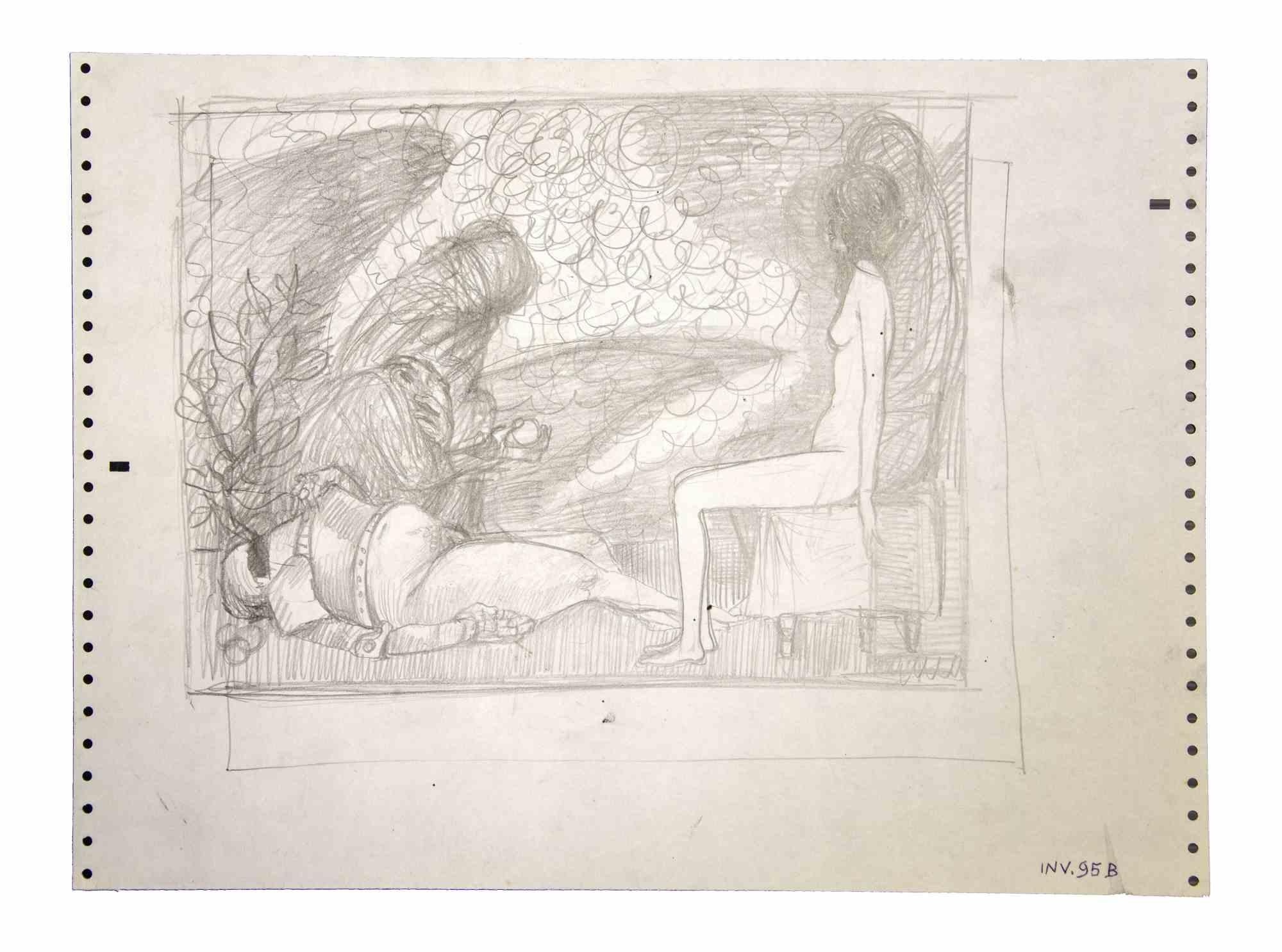 Sybil and Knight is an original contemporary artwork realized in the 1970s by the Italian Contemporary artist  Leo Guida  (1992 - 2017).

Original drawings in pencil on paper.

Good conditions but aged.

The artwork is depicted through strong