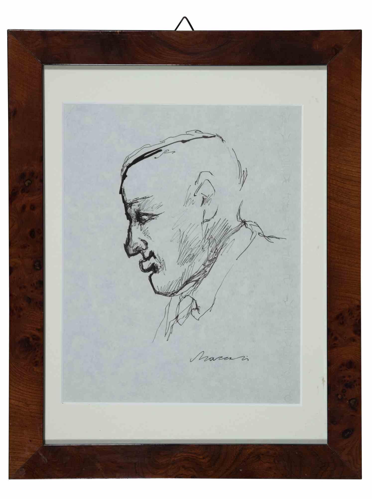 Portrait de Giorgio Morandi - dessin original de Mino Maccari - années 1930/40