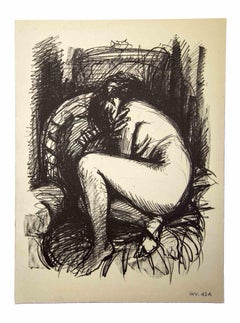 Crouched Nude - Drawing by Leo Guida - 1980s 