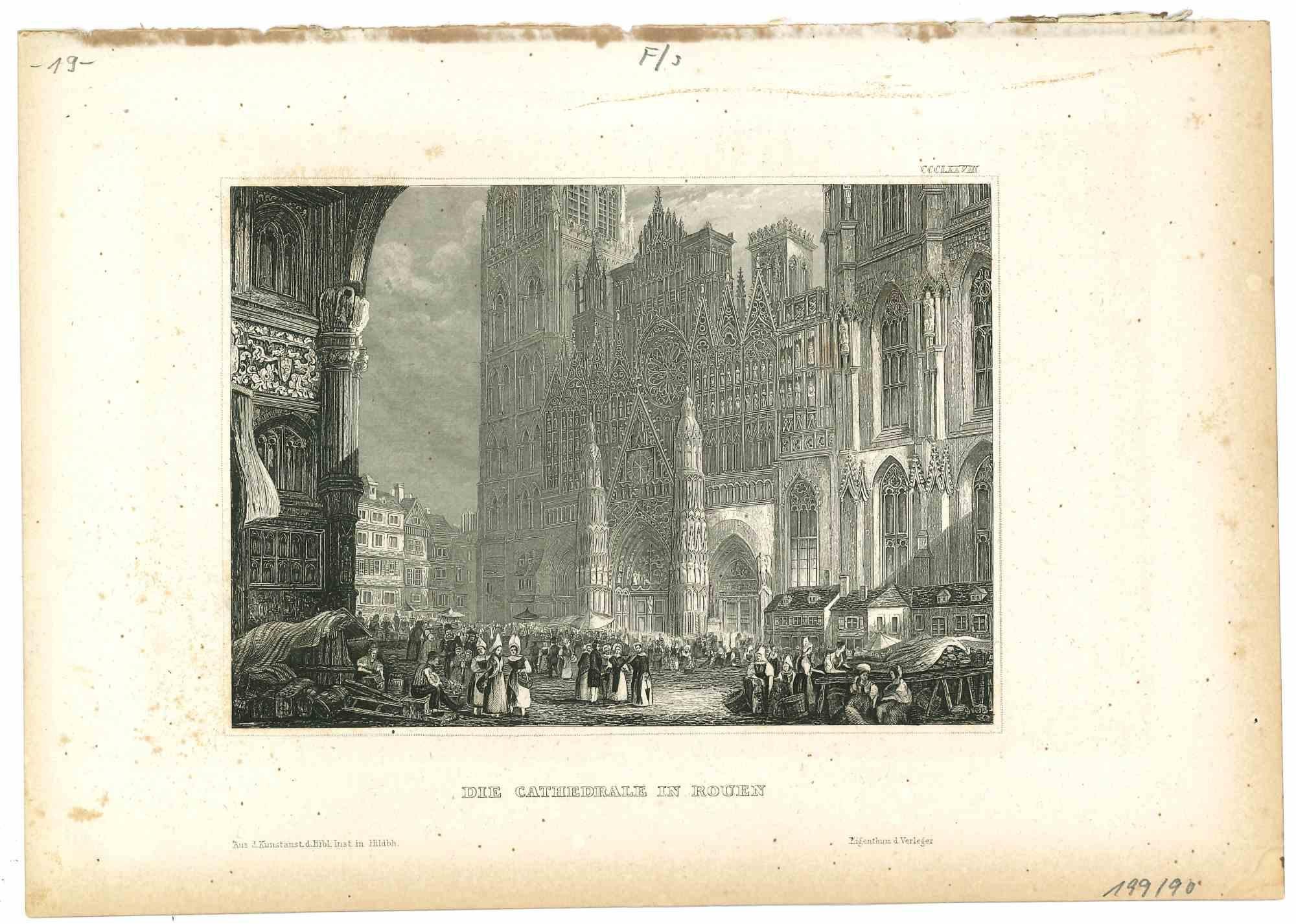 Unknown Figurative Art - Die Cathedrale in Rouen - Original Lithograph - Mid-19th Century