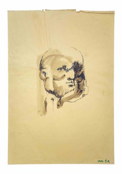 Retrato - Dibujo en tinta y acuarela de Leo Guida - Años 70