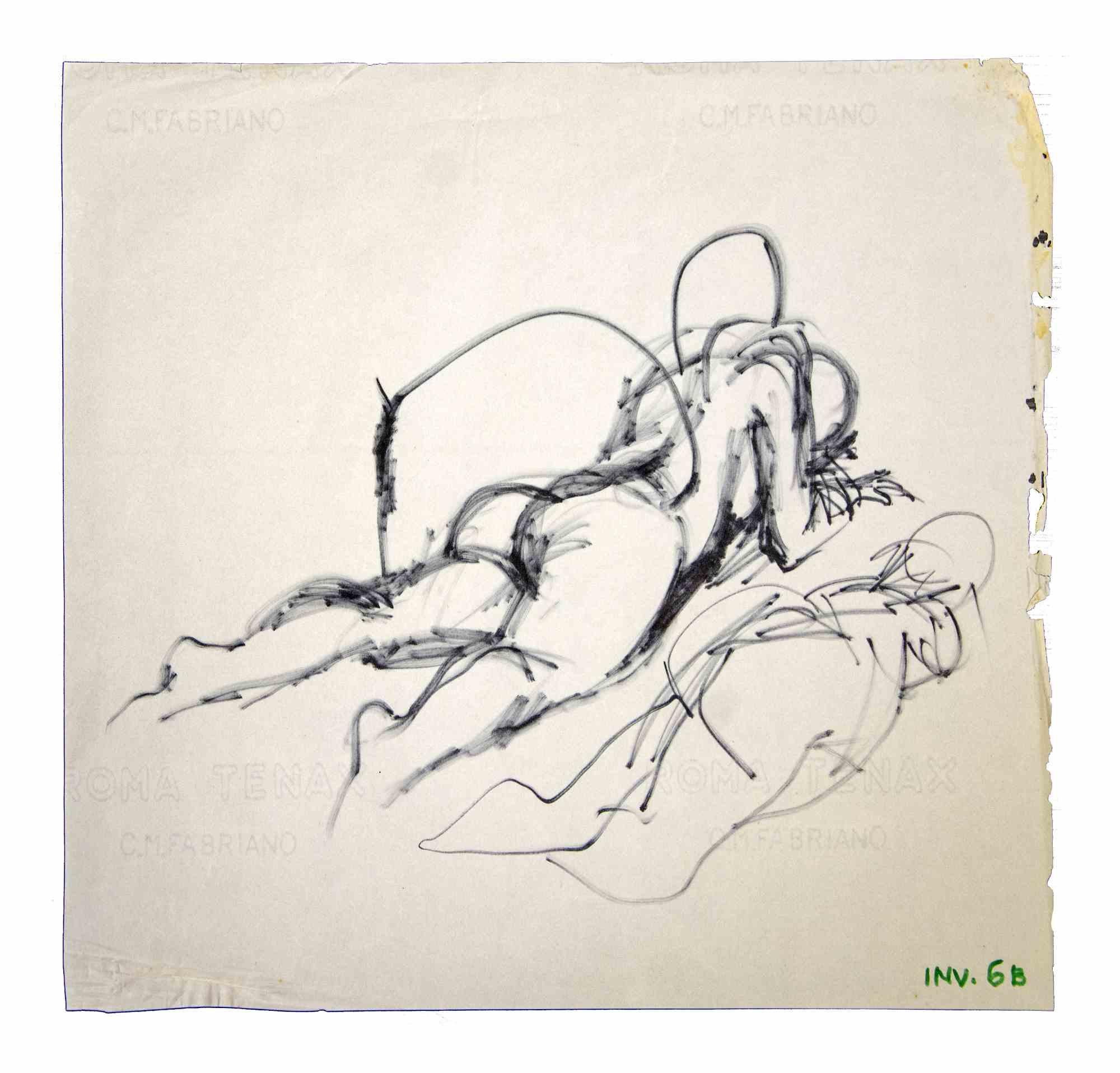 Reclined Nude ist ein Originalkunstwerk, das in den 1970er Jahren von dem italienischen Künstler AM Contemporary  Leo Guida  (1992 - 2017).

Originalzeichnungen mit schwarzem Markerstift auf Papier.

Guter Zustand bis auf die Ausschnitte am rechten