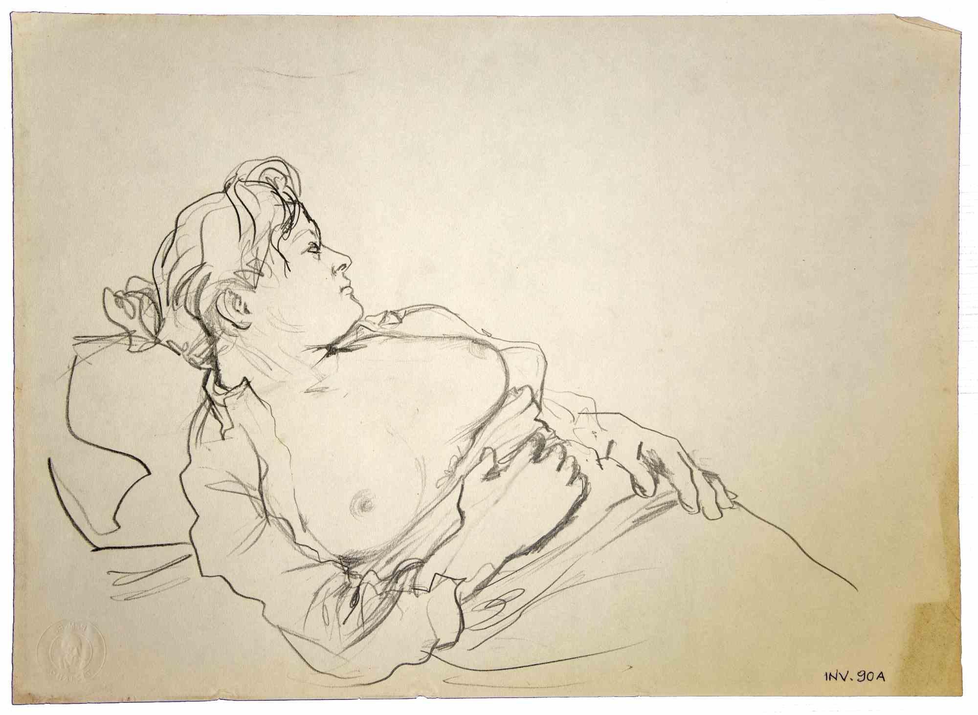 Reclined Figure is an original artwork realized in the 1970s by the Italian Contemporary artist  Leo Guida  (1992 - 2017).

Original drawings in pencil on paper.

Good conditions but aged.

The artwork is depicted through strong strokes in