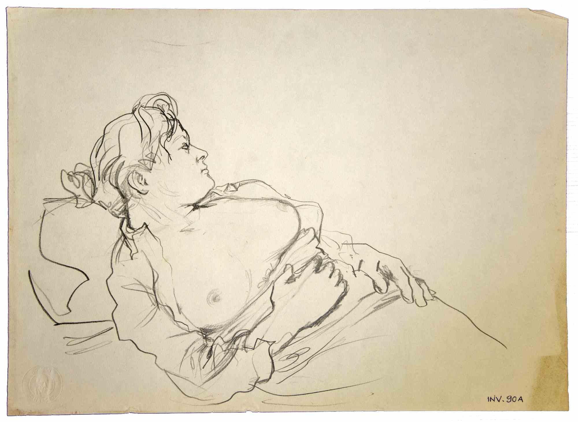 Figura reclinata è un'opera d'arte originale realizzata negli anni '70 dall'artista italiano contemporaneo  Leo Guida  (1992 - 2017).

Disegni originali a matita su carta.

Buone condizioni ma invecchiato.

L'opera d'arte è rappresentata con tratti