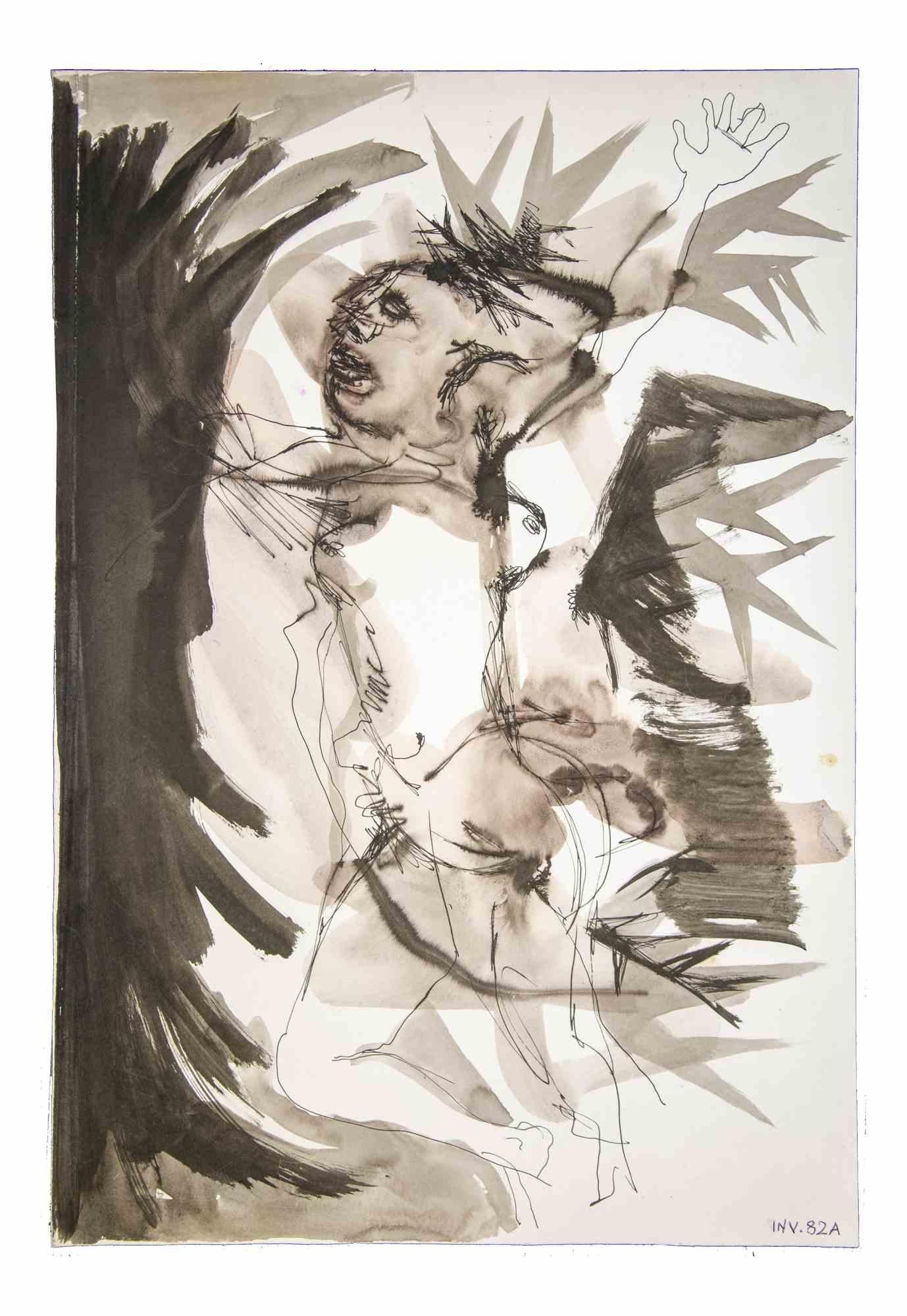 Figure is an original artwork realized in the 1970s by the Italian Contemporary artist  Leo Guida  (1992 - 2017).

Original drawings in China Ink and Watercolor on paper.

Good conditions but aged.

The artwork is depicted through strong strokes in