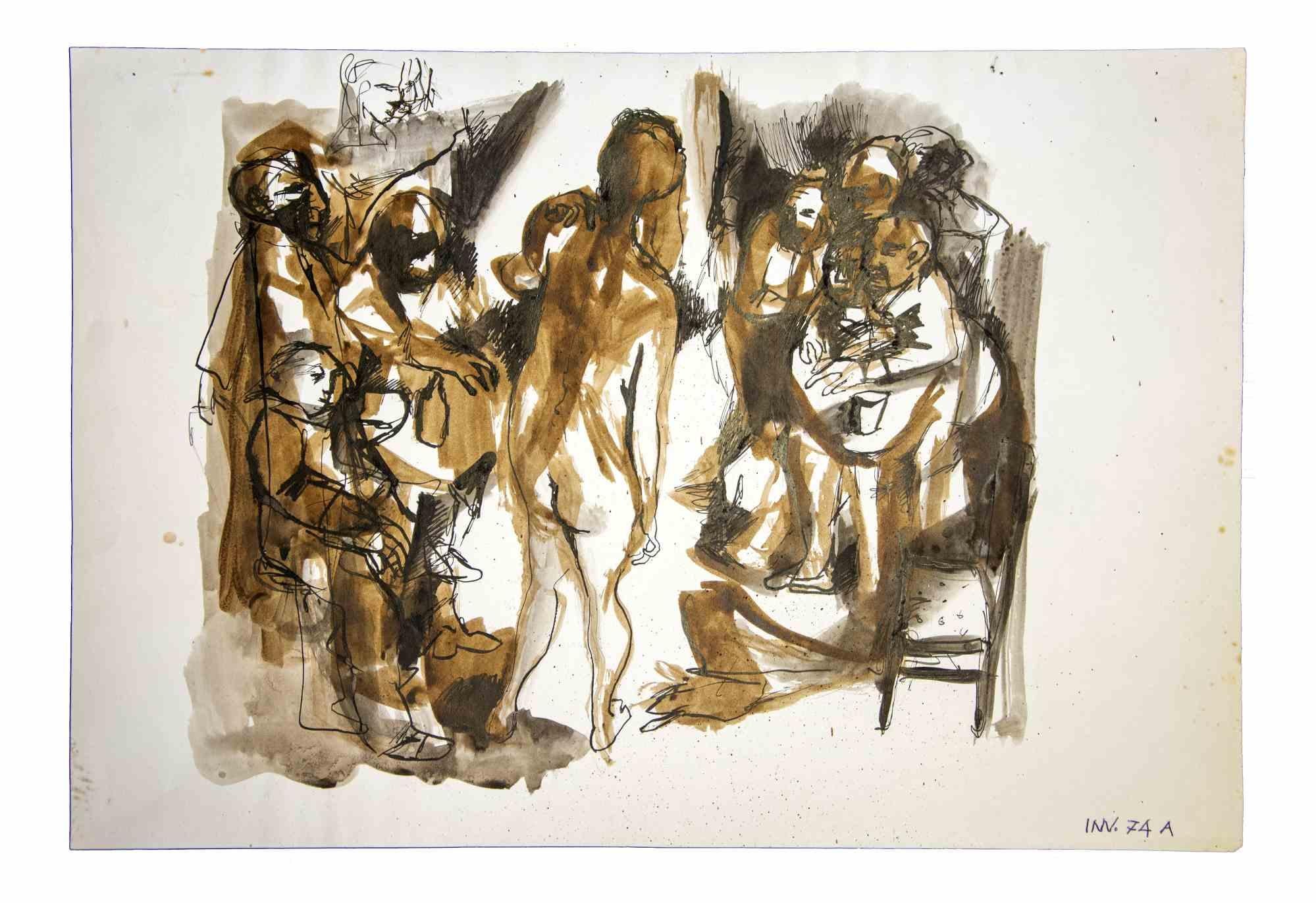 Hommes en train de dessiner un nu posant est une œuvre d'art originale réalisée dans les années 1970. par l'artiste contemporain italien  Leo Guida  (1992 - 2017).

Dessin original à l'encre de Chine et à l'aquarelle sur papier couleur