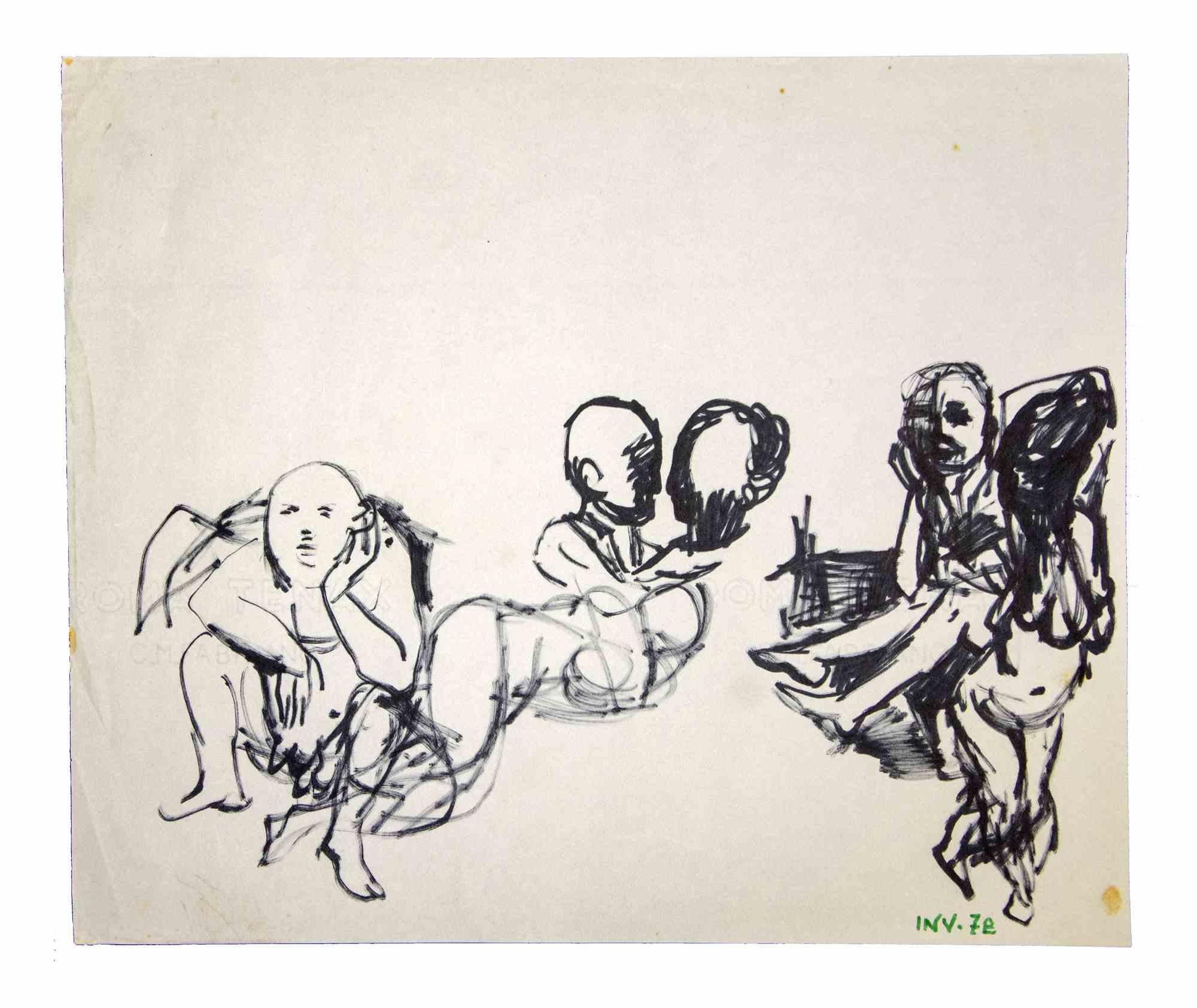 Posing figures sketch ist ein Originalwerk des italienischen Künstlers AM Contemporary aus den 1970er Jahren.  Leo Guida  (1992 - 2017).

Originalzeichnung mit schwarzem Marker auf elfenbeinfarbenem Papier.

Guter Zustand mit leichten Stockflecken