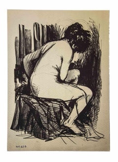 Seated Nude - Original Drawing by Leo Guida - 1970s