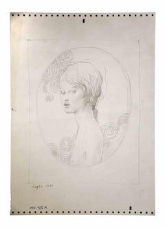 Vintage Female Portrait - Drawing by Leo Guida - 1970s