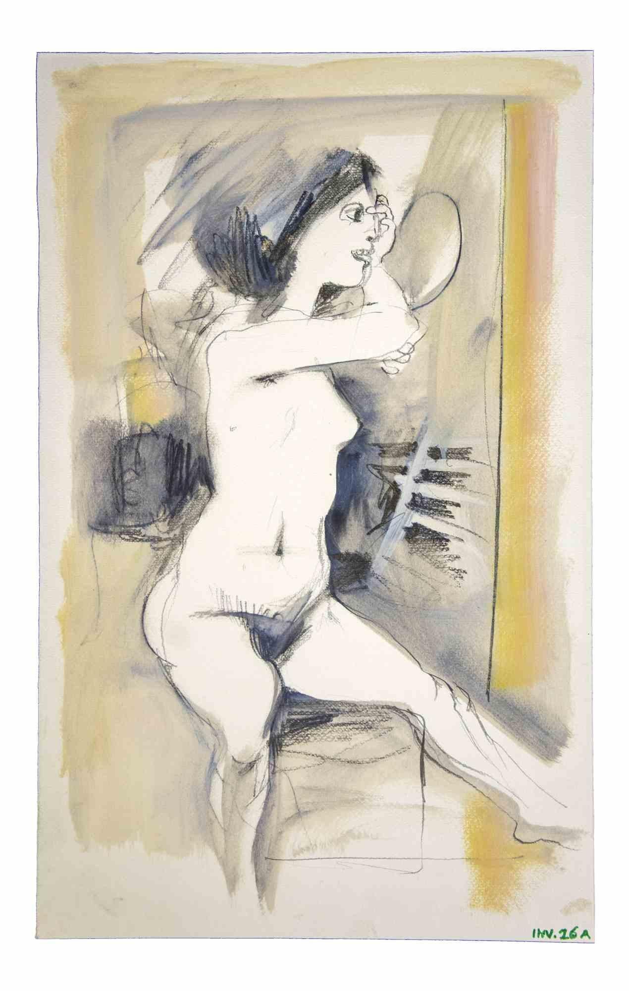 Female Figure ist ein Original-Kunstwerk, das in den 1970er Jahren von dem italienischen zeitgenössischen Künstler  Leo Guida  (1992 - 2017).

Originalzeichnungen in Kohle, Porzellantusche und Aquarell auf Papier.

Guter Zustand, aber gealtert.

Das
