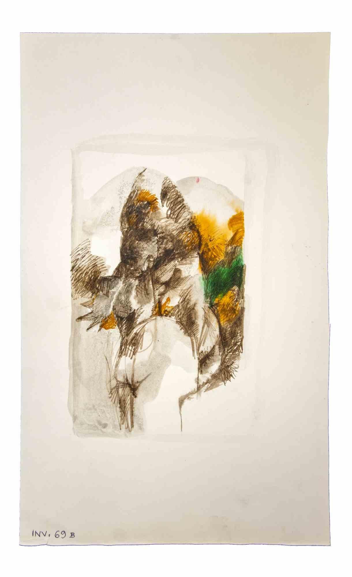 Composition ist ein Original-Kunstwerk, das in den 1970er Jahren von dem italienischen zeitgenössischen Künstler  Leo Guida  (1992 - 2017).

Originalzeichnungen in Porzellantusche und Aquarell auf Papier.

Guter Zustand, aber gealtert.

Das