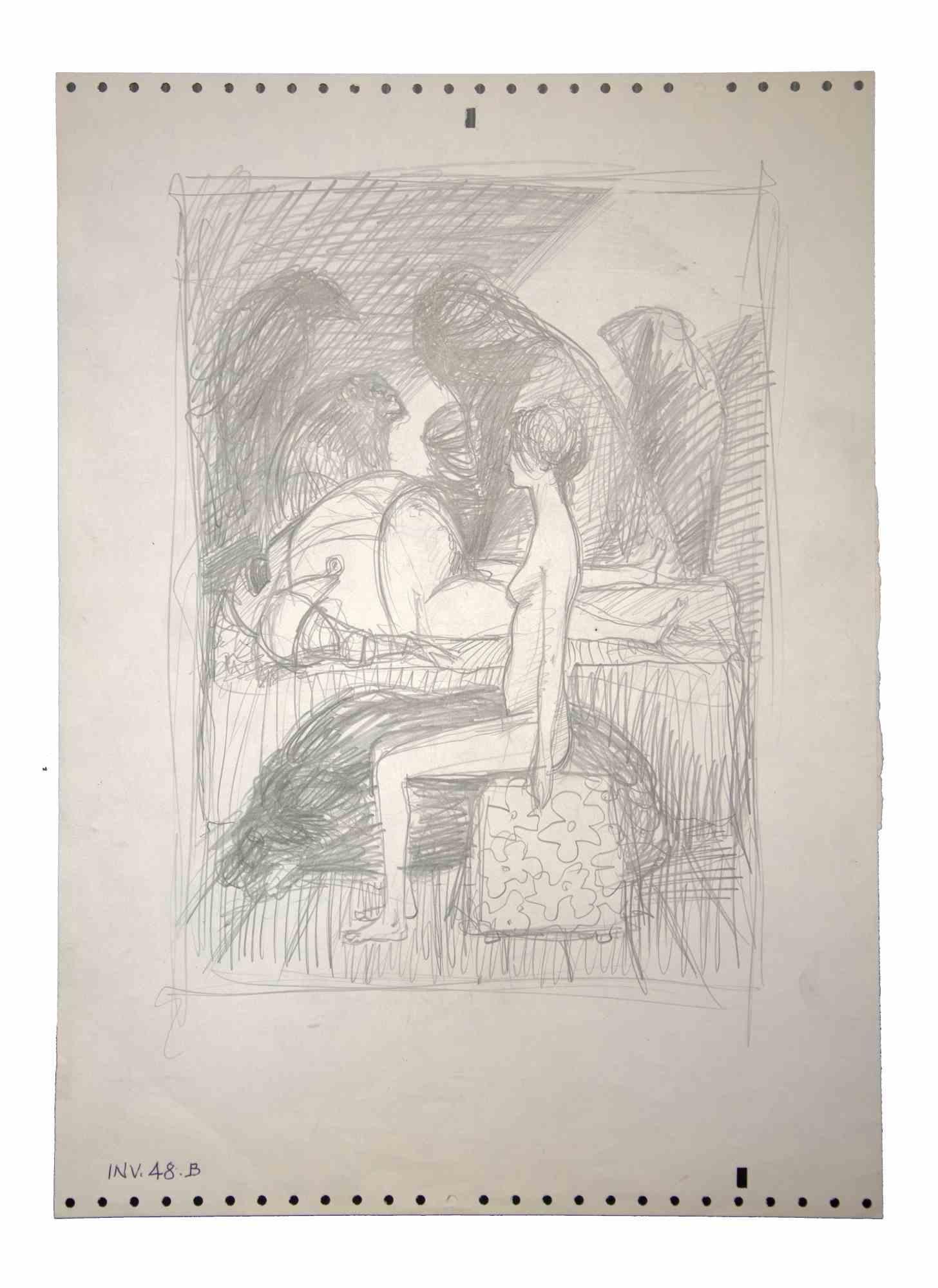 Female Figure is an original artwork realized in the 1970s by the Italian Contemporary artist  Leo Guida  (1992 - 2017).

Original drawings in pencil on paper.

Good conditions but aged.

The artwork is depicted through strong strokes in
