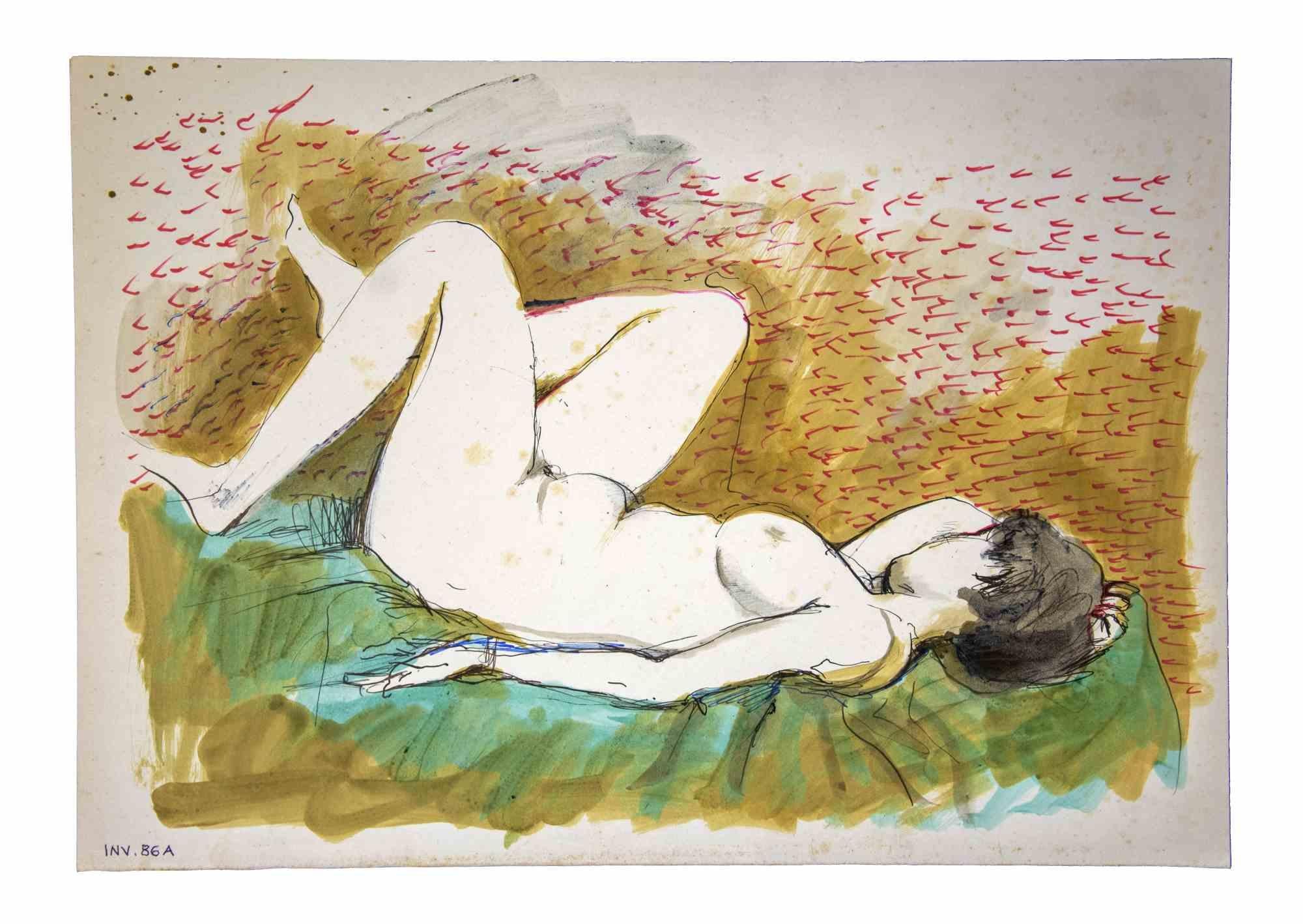 Female Figure is an original artwork realized in the 1970s by the Italian Contemporary artist  Leo Guida  (1992 - 2017).

Original drawings in china ink and Watercolor on paper.

Good conditions but aged.

The artwork is depicted through strong