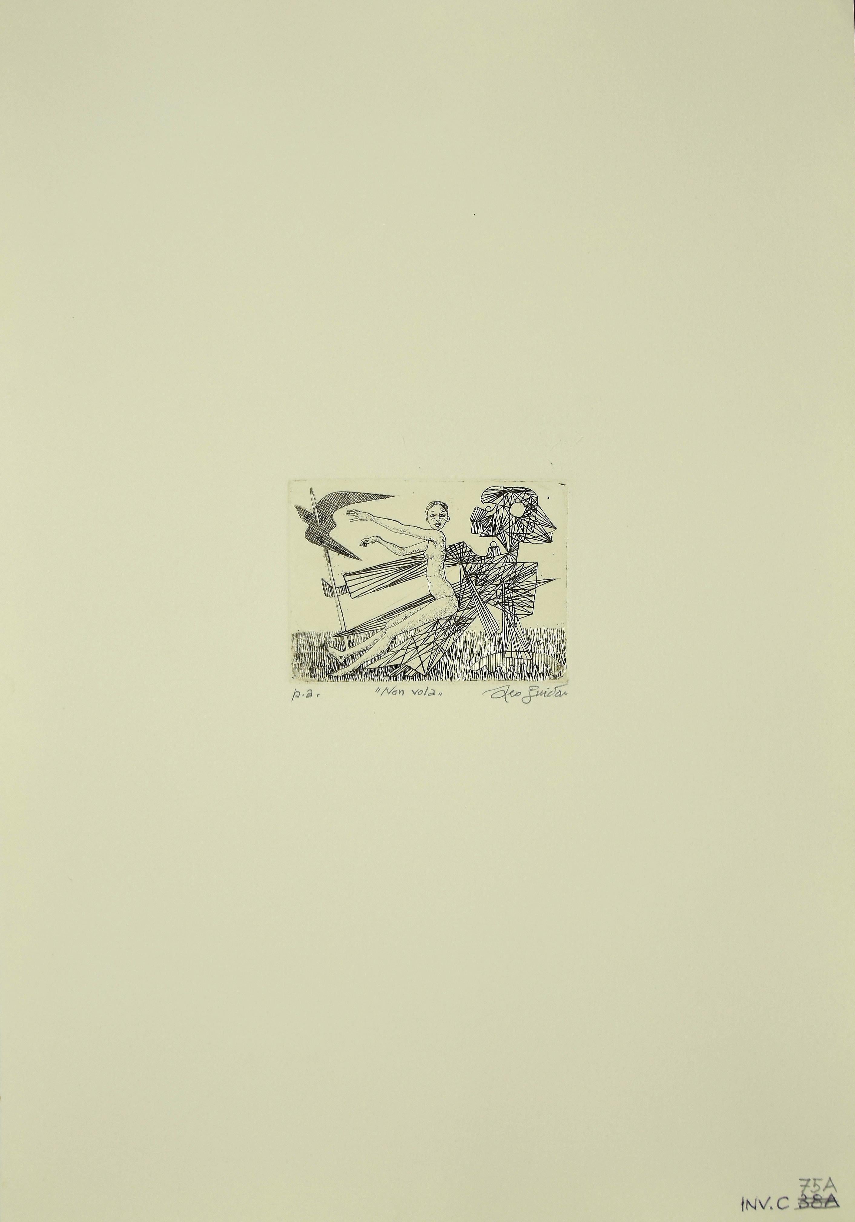 Does not Fly ist ein Originalkunstwerk aus dem Jahr 1989.  des italienischen zeitgenössischen Künstlers  Leo Guida  (1992 - 2017).

Original-Radierung auf elfenbeinfarbenem Papier.

Rechts unten mit Bleistift handsigniert. 

Probedruck des