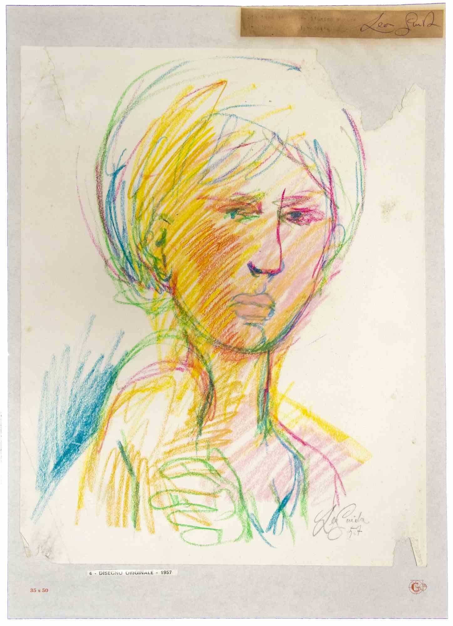 Das Porträt ist ein originales Kunstwerk.  im Jahr 1957 von dem italienischen zeitgenössischen Künstler  Leo Guida  (1992 - 2017).

Original-Pastellzeichnung auf elfenbeinfarbenem Papier, auf Karton geklebt (50,5 x 35 cm).

Am unteren Rand