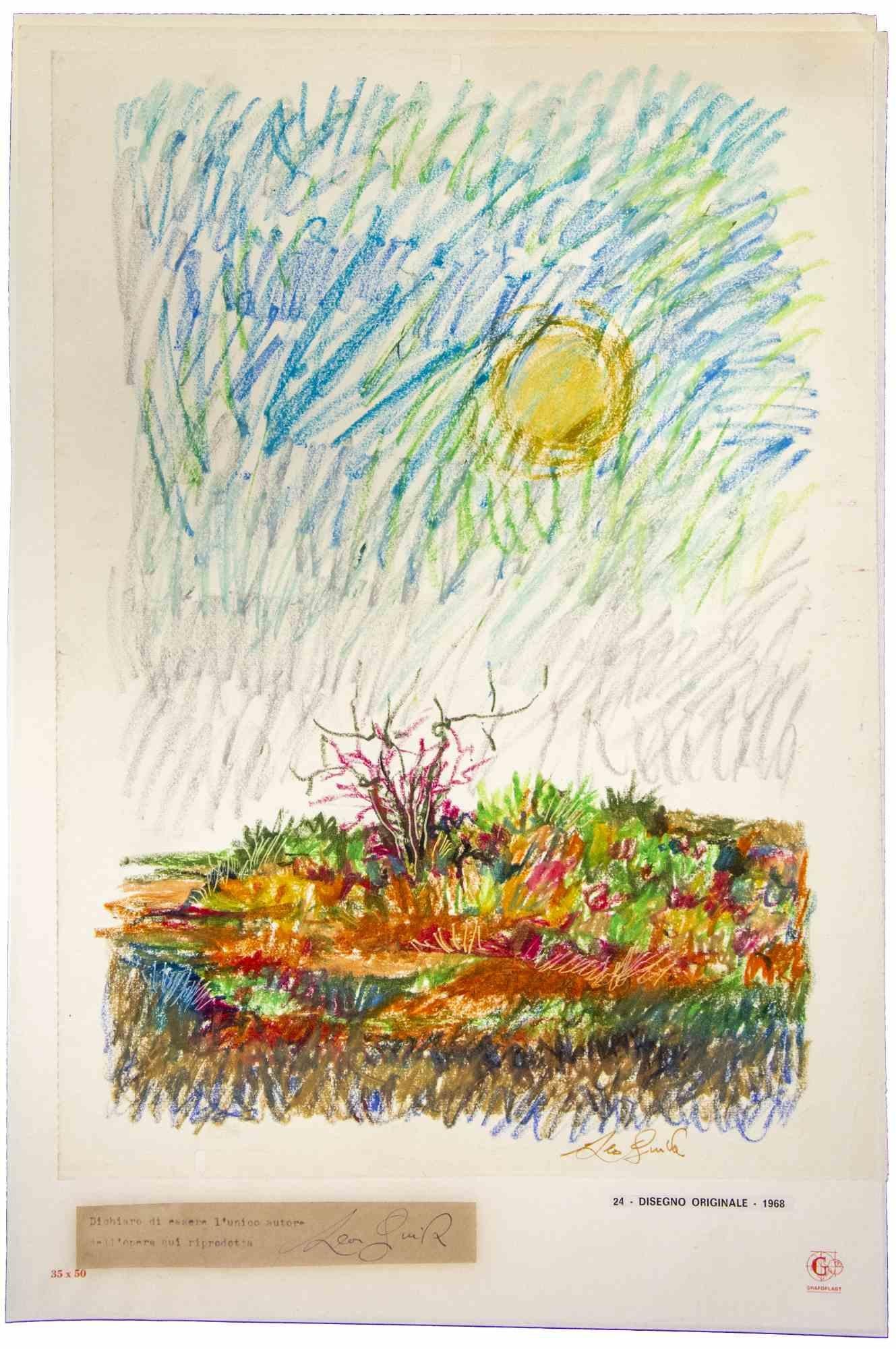 Landscape est une œuvre d'art originale réalisée  en 1968 par l'artiste contemporain italien  Leo Guida  (1992 - 2017).

Dessin original aux pastels sur papier couleur ivoire, collé sur carton (50 x 35 cm).

Signé et daté à la main dans les marges