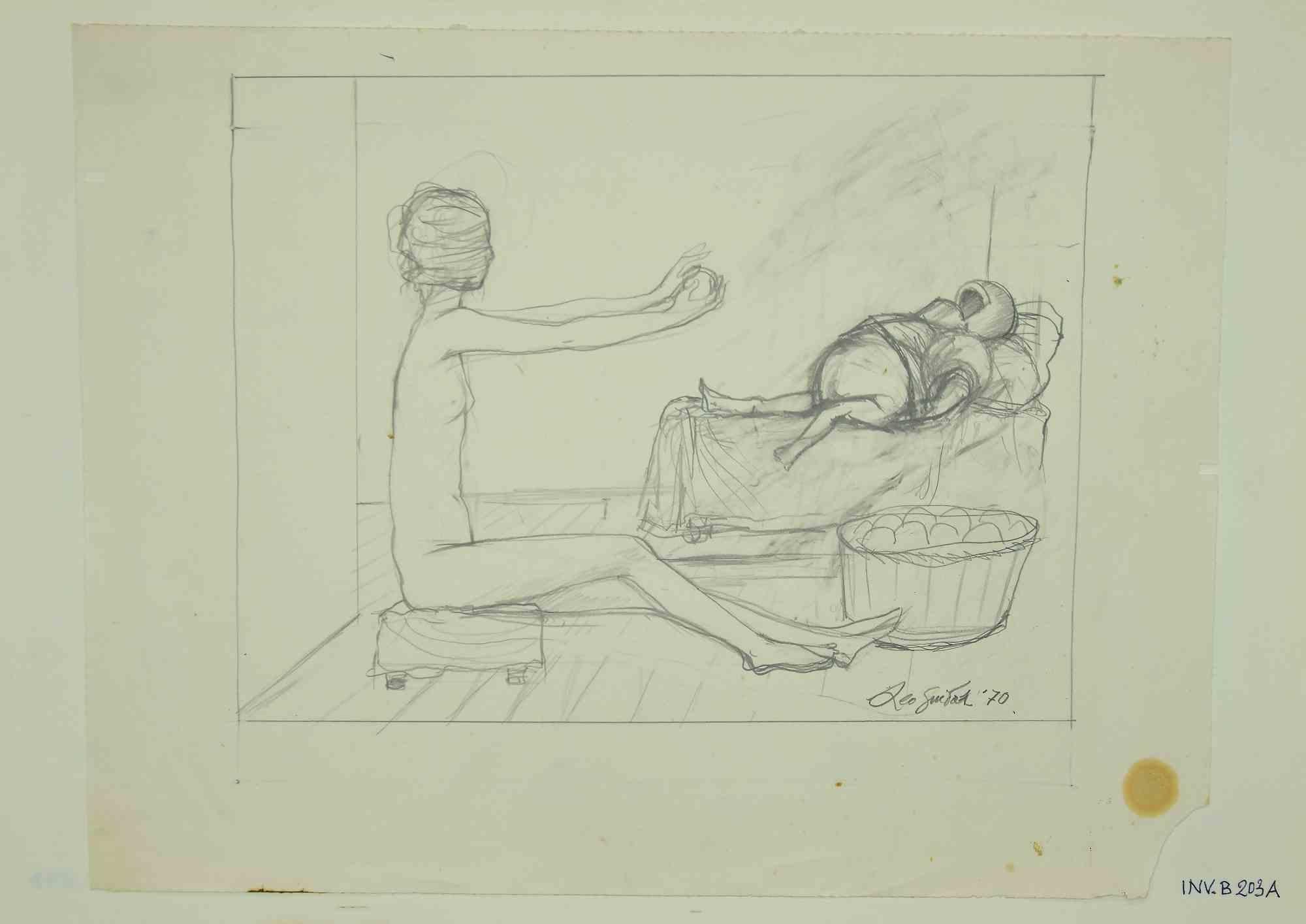 Nude è un'opera d'arte originale realizzata  nel 1970 dall'artista contemporaneo italiano  Leo Guida  (1992 - 2017).

Disegno originale a matita su carta color avorio, incollato su cartone (35 x 50 cm).

Firmato a mano e datato sui margini