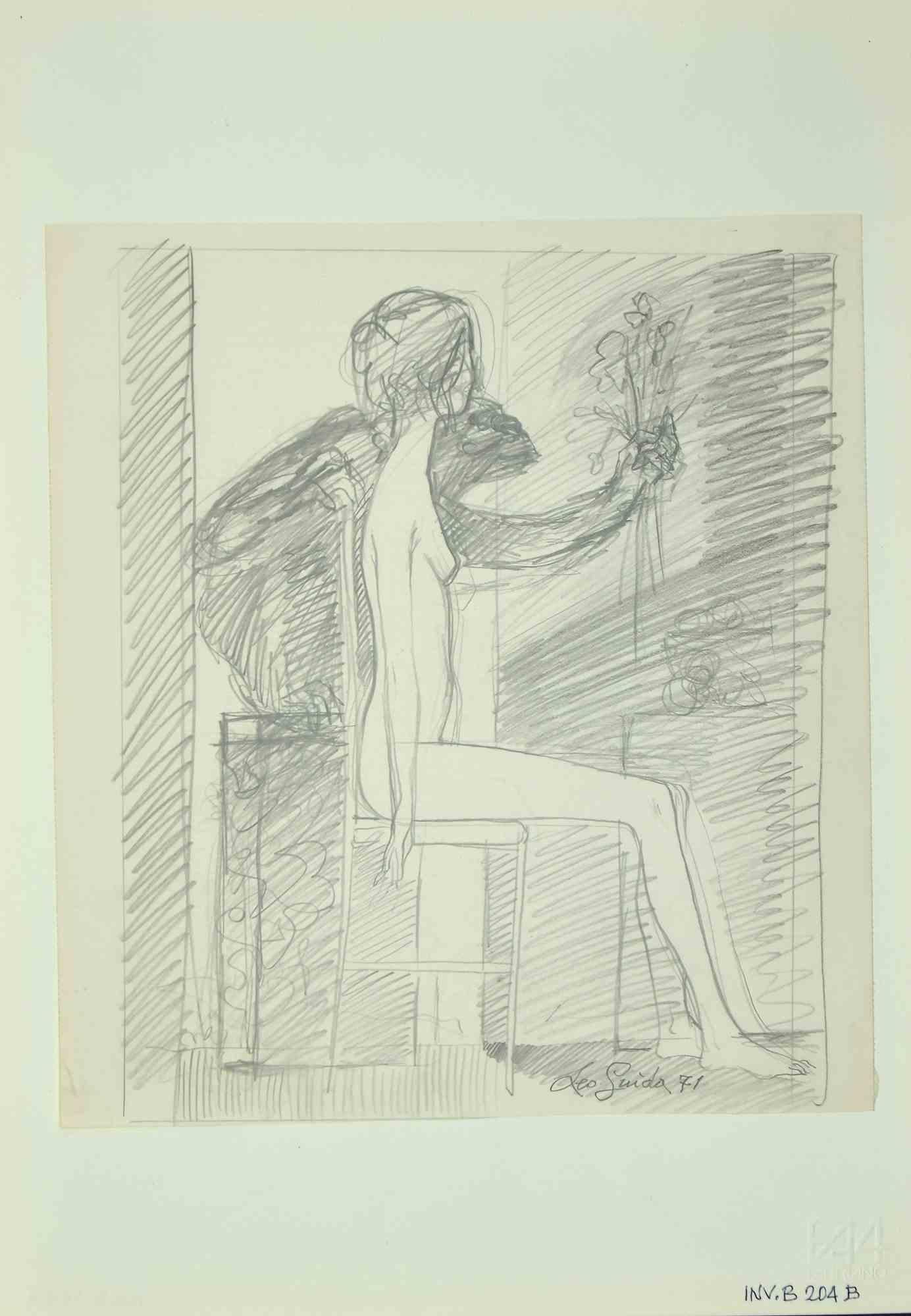 Nude ist ein originales Kunstwerk, realisiert  im Jahr 1971 von dem italienischen zeitgenössischen Künstler  Leo Guida  (1992 - 2017).

Original-Bleistiftzeichnung auf elfenbeinfarbenem Papier, auf Karton geklebt (50 x 35 cm).

Am unteren Rand