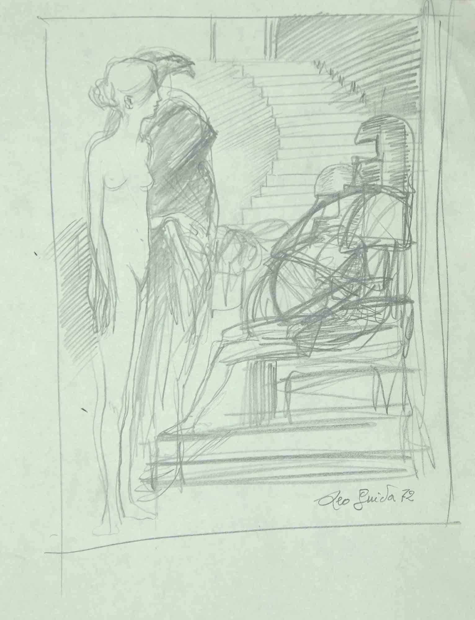 Nude is an original artwork realized  in 1972 by the italian Contemporary artist  Leo Guida  (1992 - 2017).

Original pencil drawing on ivory-colored paper.

Hand-signed and dated on the lower margins.

This artwork represents a nude standing woman