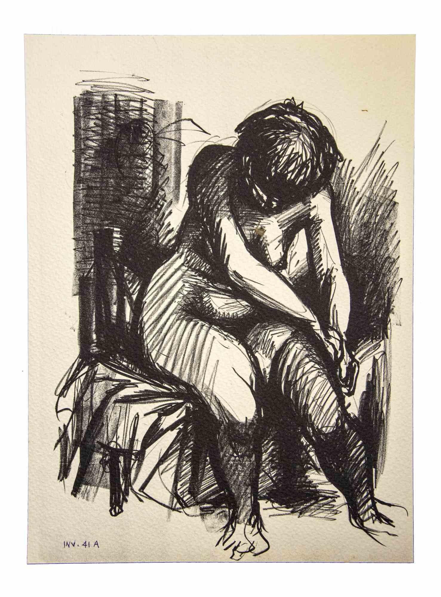Crouched Nude ist eine Originalzeichnung mit schwarzem Filzstift auf Karton von Leo Guida aus den 1980er Jahren.

Sehr guter Zustand.

 Leo Guida (1992 - 2017). Mit seinem Gespür für aktuelle Themen, künstlerische Strömungen und historische