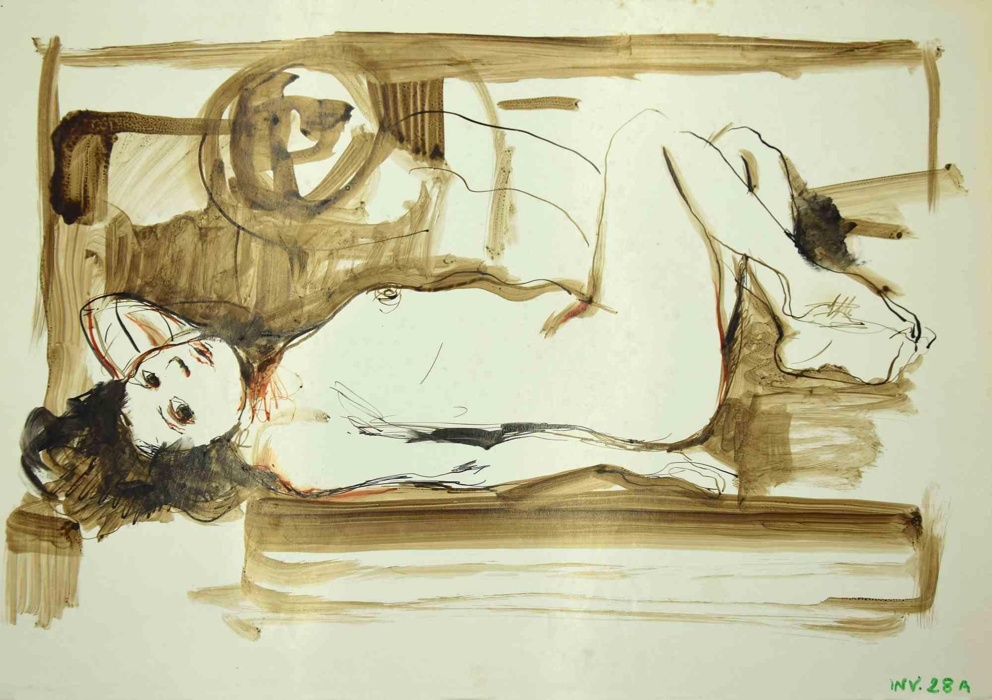 Reclined Nude ist eine Originalzeichnung in Tusche und Aquarell auf Papier von Leo Guida aus den 1970er Jahren.

Guter Zustand.

Leo Guida  (1992 - 2017). Mit seinem Gespür für aktuelle Themen, künstlerische Strömungen und historische Techniken ist