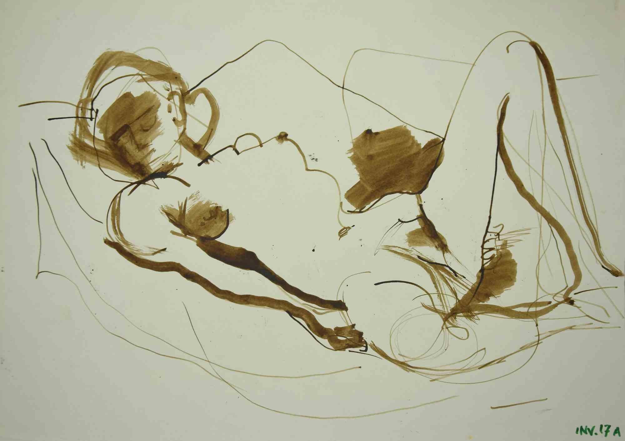 Reclined Nude ist eine Originalzeichnung in Tusche und Aquarell von Leo Guida aus den 1970er Jahren.

Guter Zustand.

Leo Guida  (1992 - 2017). Mit seinem Gespür für aktuelle Themen, künstlerische Strömungen und historische Techniken ist es Leo