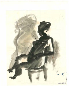 Sitzende Frau und surreale Szene – Zeichnung von Leo Guida – 1970er Jahre