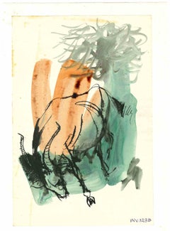 Sitzende Frau und surreale Szene – Zeichnung von Leo Guida – 1970er Jahre