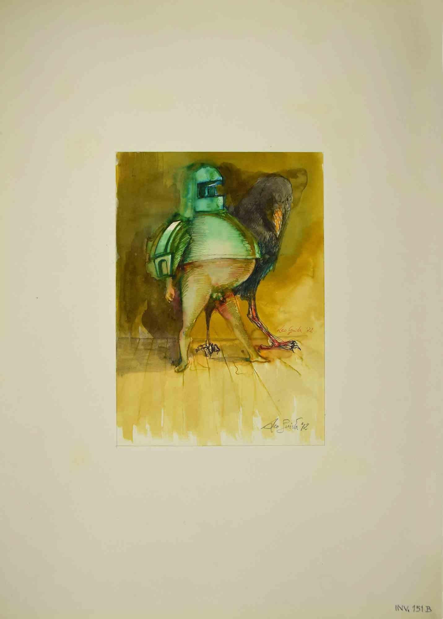 Knight ist eine Originalzeichnung in Aquarell und Tusche von Leo Guida aus dem Jahr 1972.

Guter Zustand.

Handsigniert.

Das Kunstwerk wird durch kräftige Striche in harmonischen Farben dargestellt.