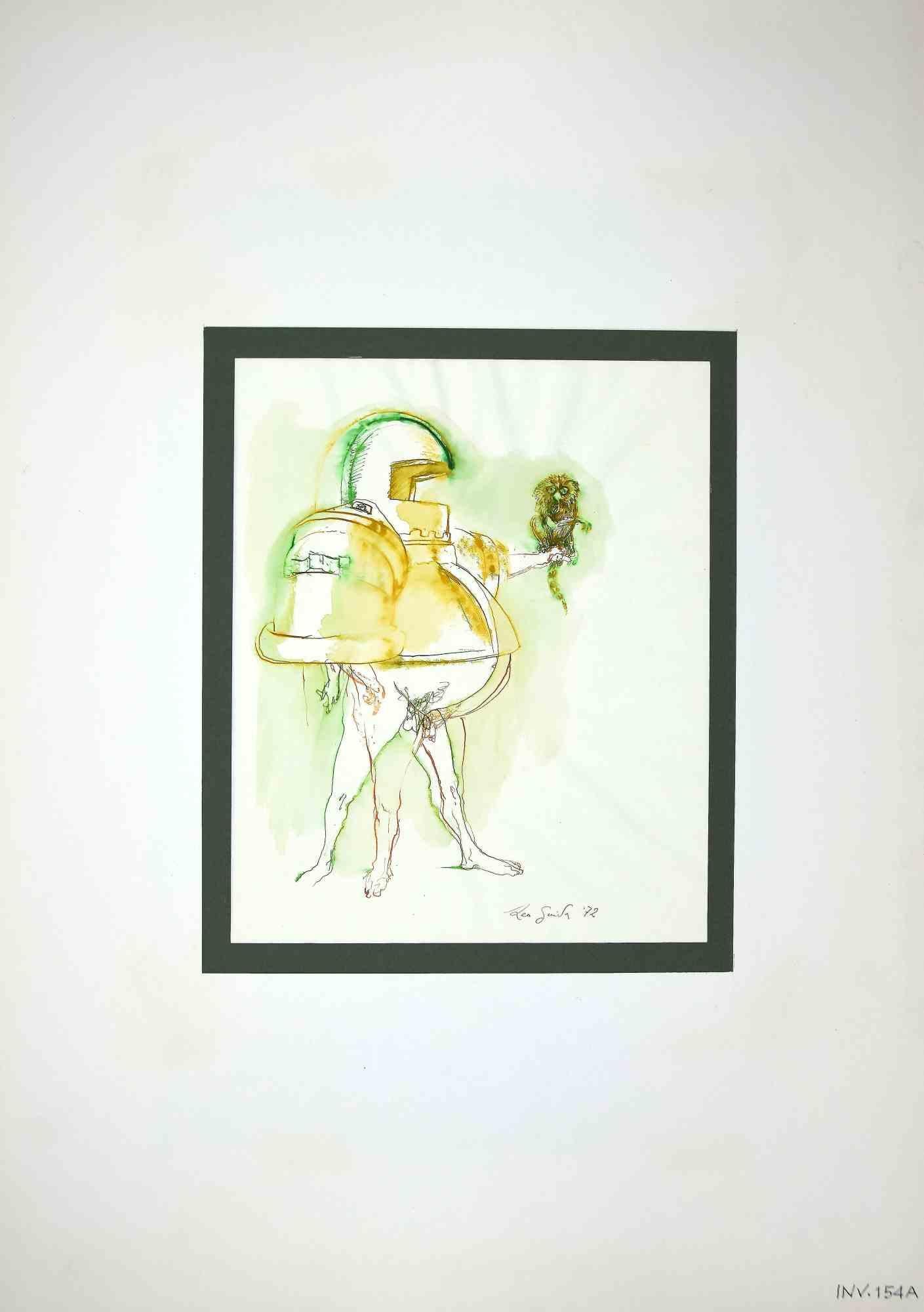 Knight and Lemur is an original drawing in china ink realized by Leo Guida in 1972.

Bon état.

Hand-signed.

The artwork is depicted through strong strokes.