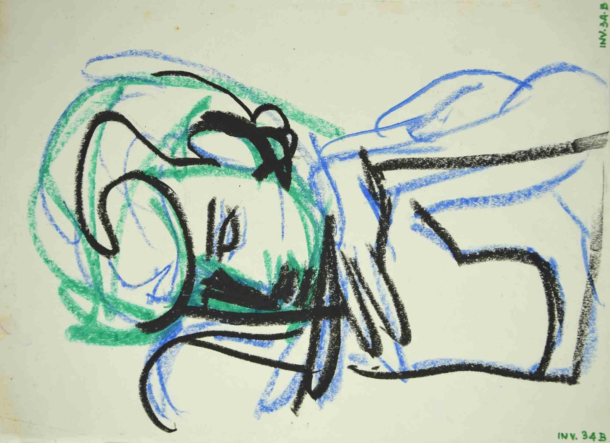 Rechteckiger Akt – Zeichnung von Leo Guida – 1970er Jahre
