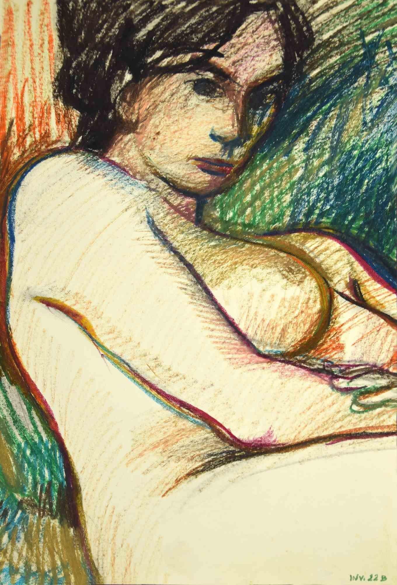 Reclined Nude ist eine Originalzeichnung in Kohle und Ölpastell von Leo Guida aus den 1970er Jahren.

Guter Zustand mit Ausnahme einiger Stockflecken und einer Falte auf der rechten unteren Seite.

Das Kunstwerk wird durch kräftige Striche mit