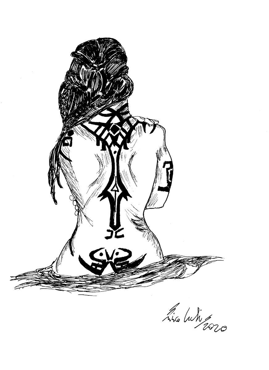 Tattoo on the Back is an original China ink drawing realized by the Italian artist  Enrico Josef Cucchi  in 2020.

Hand-signed and dated on the lower right. Perfect conditions.