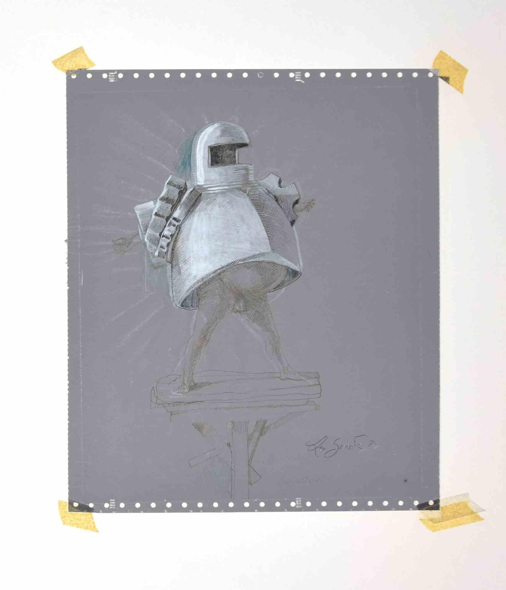 Knight is an original drawing in china ink, pencil and white lead realized by Leo Guida in 1970.

Good condition.

Leo Guida  (1992 - 2017). Sensitive to current issues, artistic movements and historical techniques, Leo Guida has been able to weave