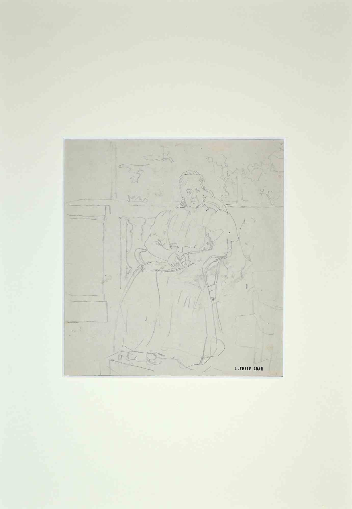 Portrait of a Lady on a Terrace - Drawing Louis Emile Adan - 1930s