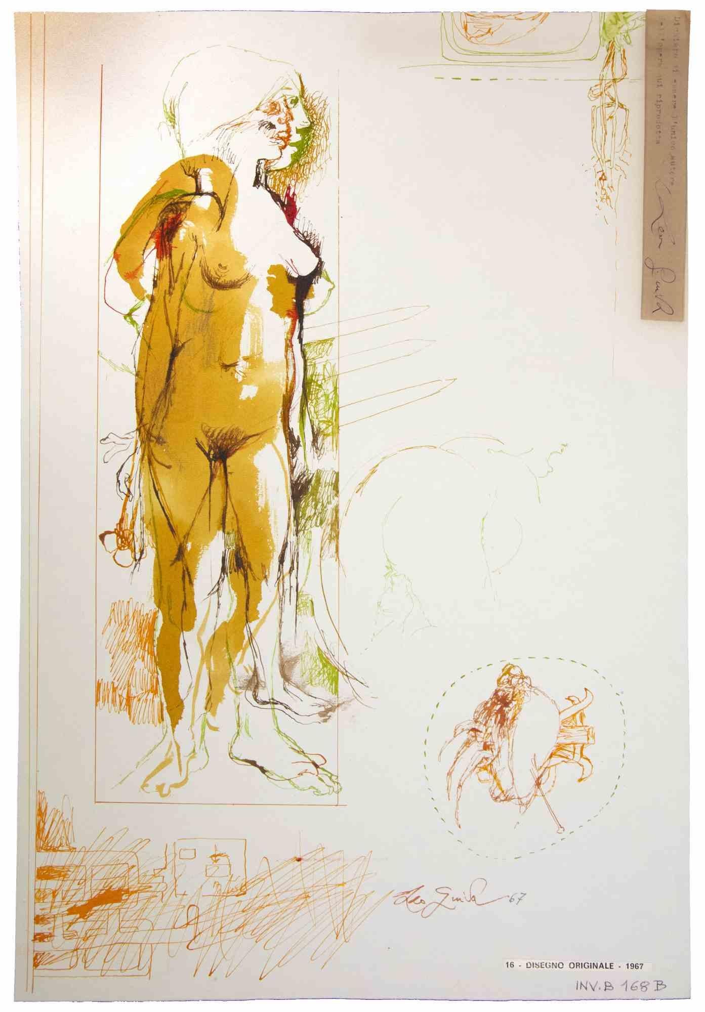 Nude est une œuvre d'art originale réalisée  en 1967 par l'artiste contemporain italien  Leo Guida  (1992 - 2017).

Dessin original à l'encre de chine et à l'aquarelle sur papier couleur ivoire.

Signé et daté à la main dans les marges inférieures.
