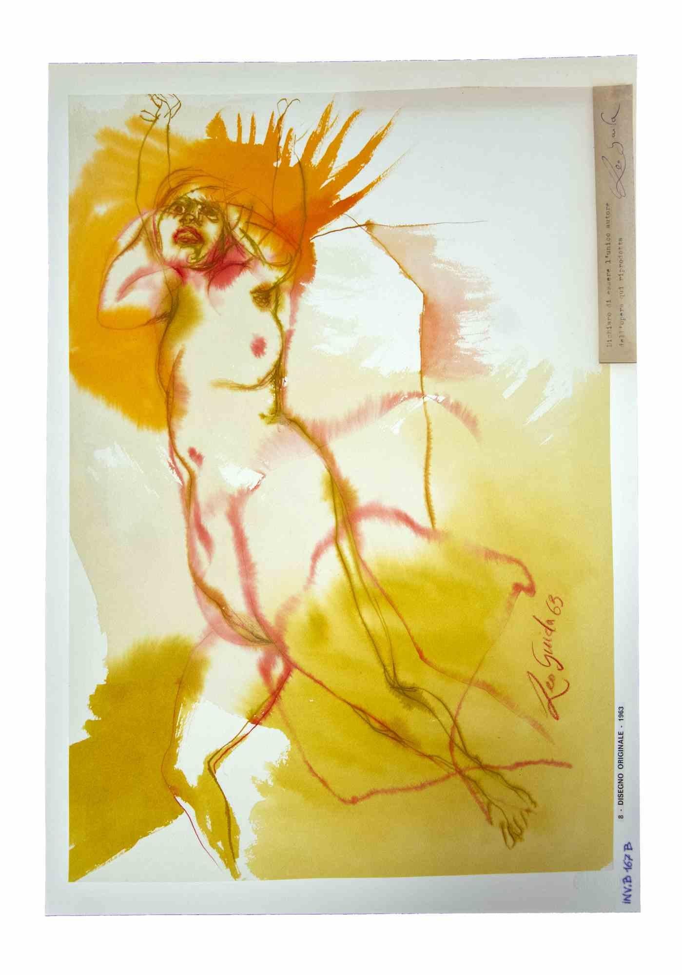 Nude ist ein originales Kunstwerk, realisiert  im Jahr 1963 von dem italienischen zeitgenössischen Künstler  Leo Guida  (1992 - 2017).

Originalzeichnung mit Tusche und Aquarellfarben auf elfenbeinfarbenem Papier, auf Karton geklebt (50 x 35