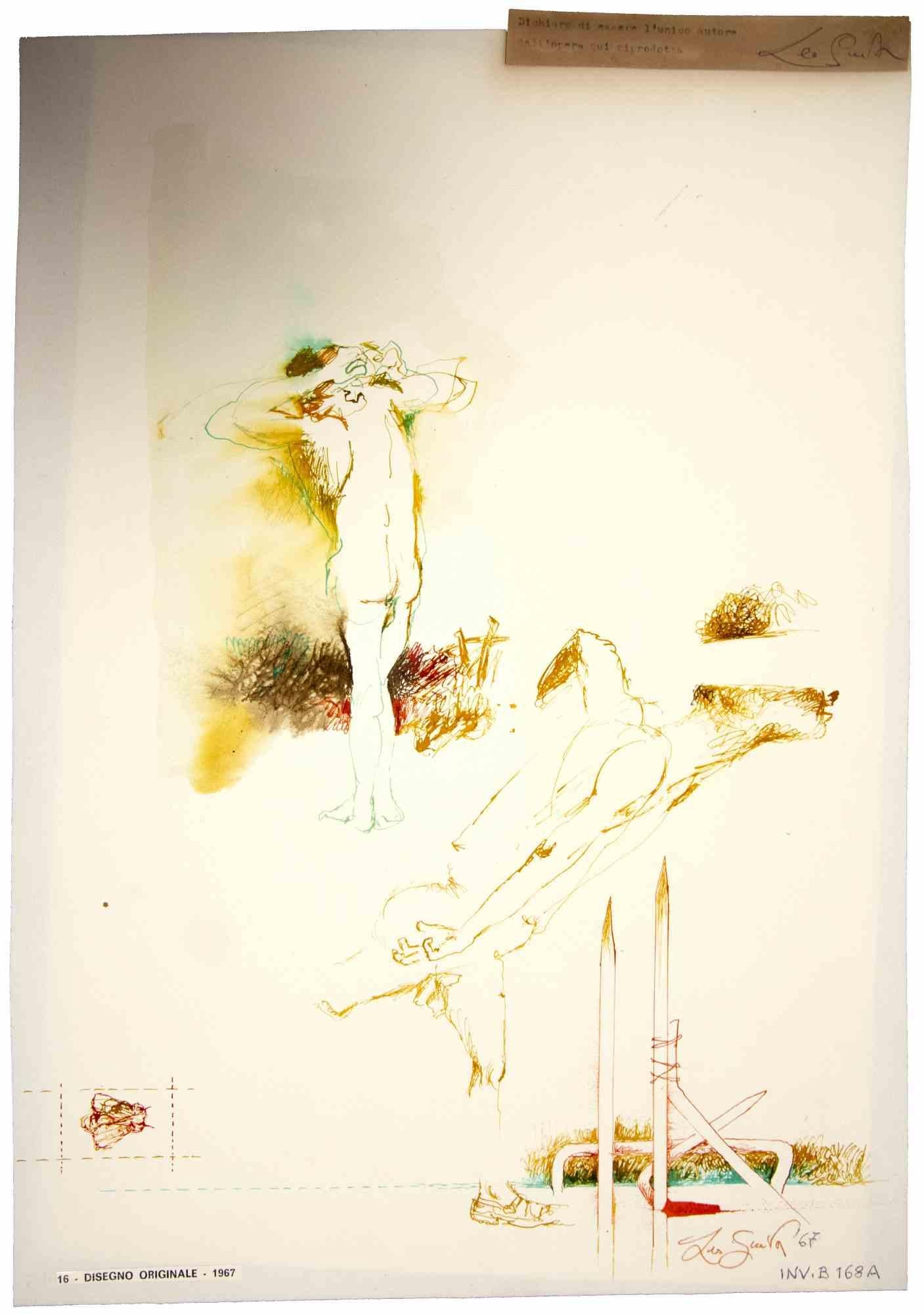 Nude ist ein originales Kunstwerk, realisiert  im Jahr 1967 von dem italienischen zeitgenössischen Künstler  Leo Guida  (1992 - 2017).

Originalzeichnung mit Tusche und Aquarellfarben auf elfenbeinfarbenem Papier, auf Karton geklebt (50 x 35
