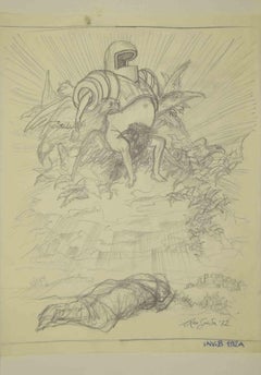 Vintage Knight on a Winged Throne - Drawing by Leo Guida - 1972