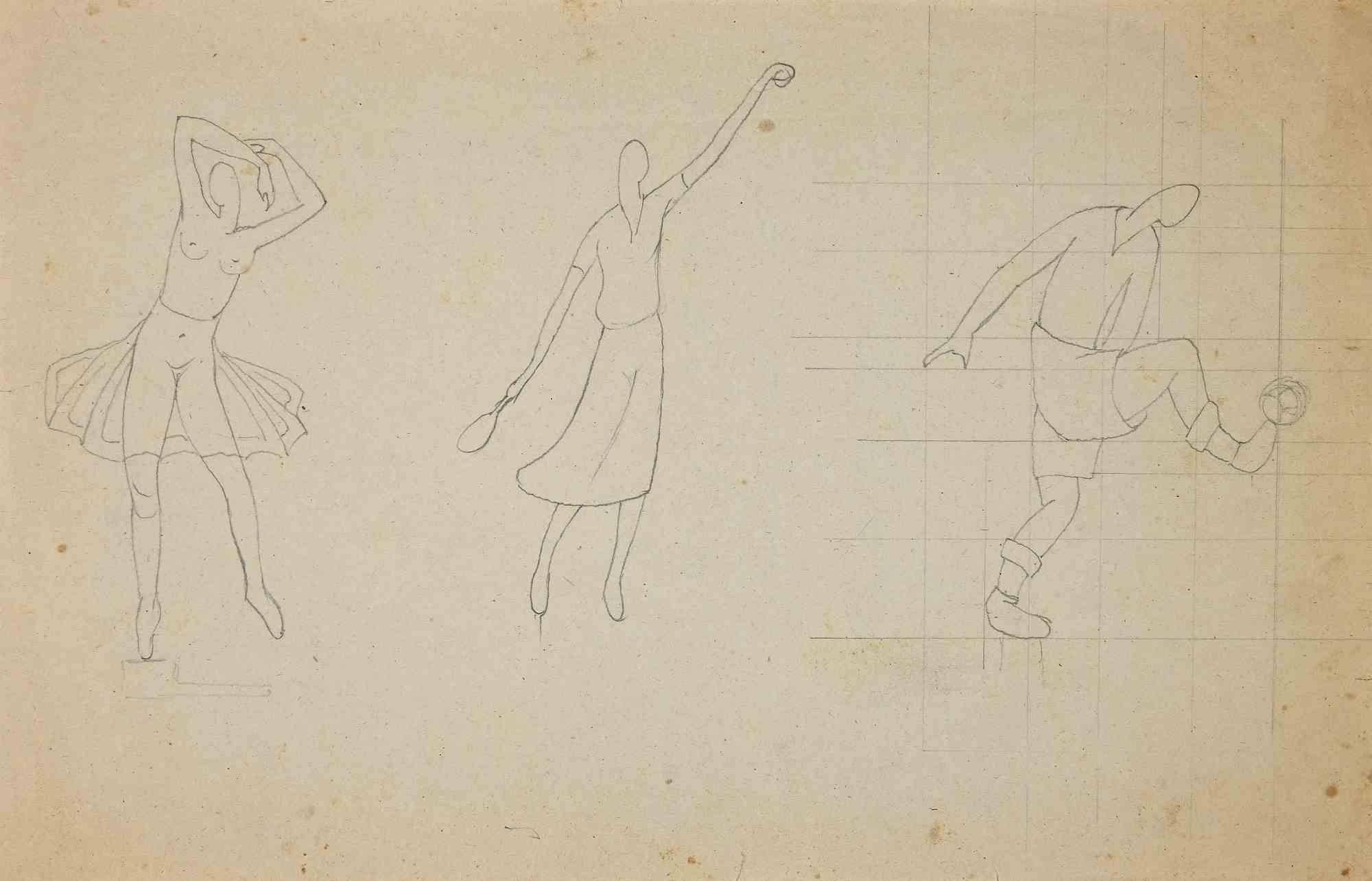 Unknown Figurative Art - The Study of Sportive Figures - Drawing - 1910s