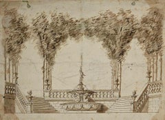 Antique Neoclassic Garden- Original Drawing by Jules Arsene Garnier - Late 19th century