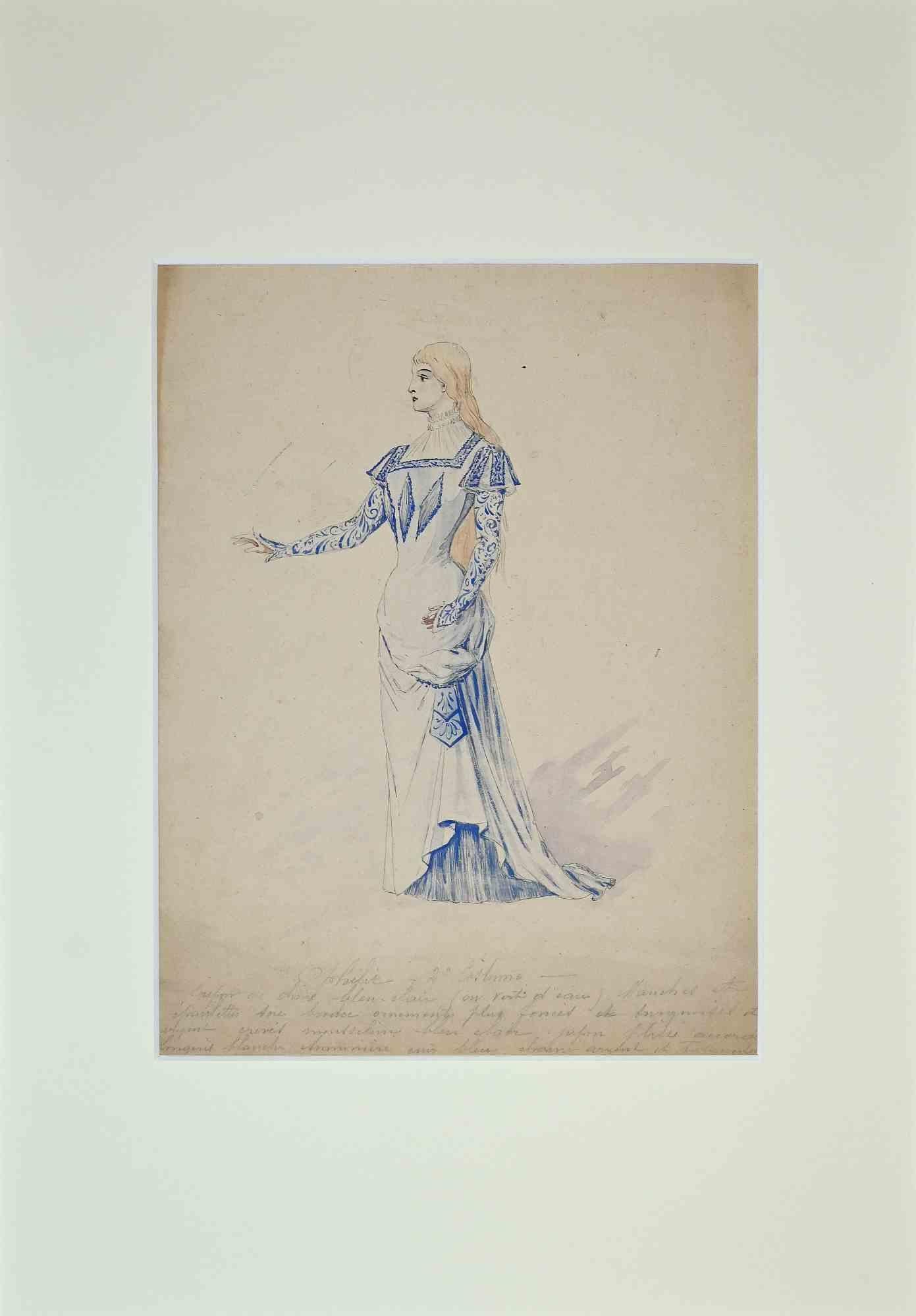 Costume de théâtre est une œuvre originale au crayon, pastel et aquarelle réalisée par Alfredo Edel en 1895.

Bon état, l'œuvre est d'Amleto et représente Ofelia, avec une note écrite de l'artiste sur la marge inférieure.

Signé à la main au crayon